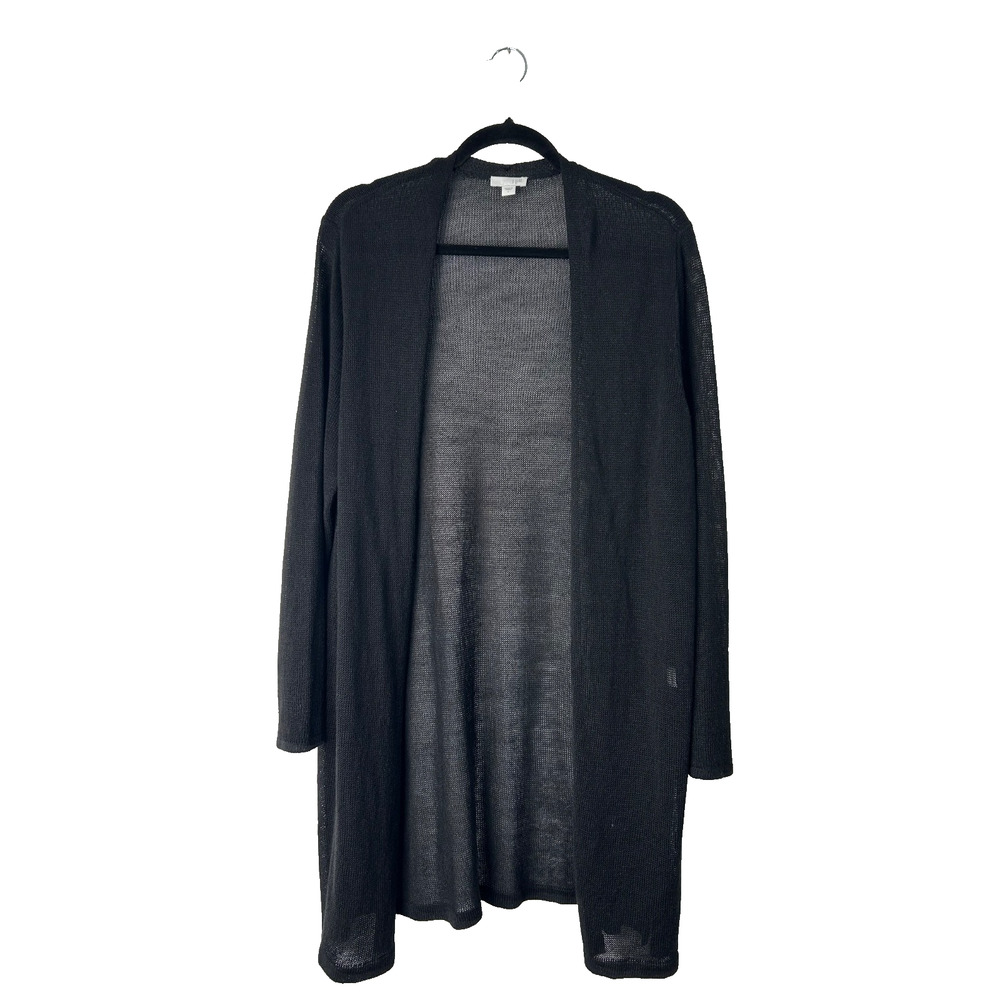 J Jill Open Front Cardigan Sweater Size L Black Linen Blend Long Sleeve Duster